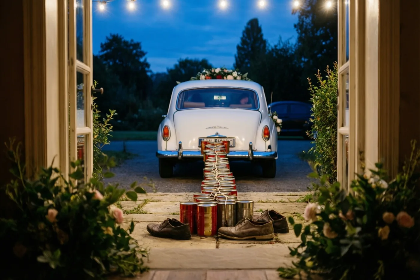 Door een open deuropening met lichtslingers erboven en bloemen ernaast is de achterkant van een witte oldtimer op een grindpad bij valavond te zien, met een lange sliert blikken en oude schoenen op een stenen trede ervoor.