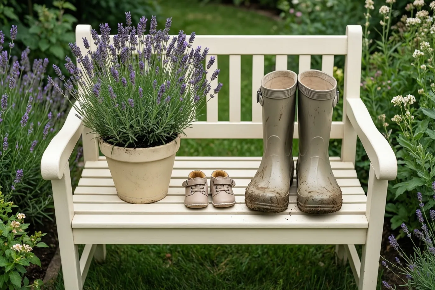Op een witte tuinbank staan een pot lavendel, kleine babyschoentjes en grote modderige tuinklompen, omringd door groen, lavendel en andere bloemen.