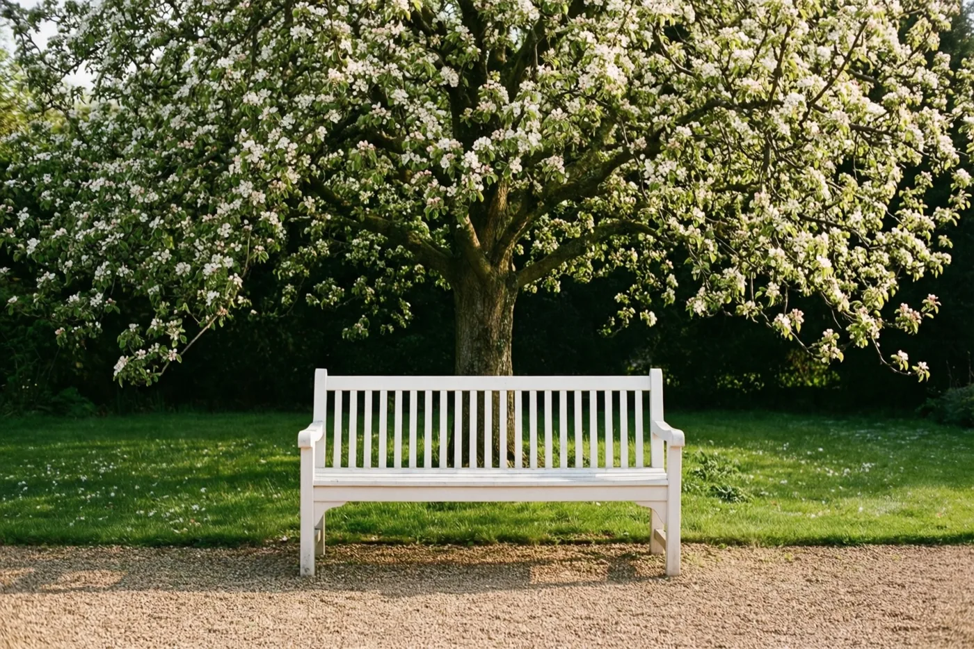 Een witte tuinbank staat op een grindpad onder een grote perenboom met witte bloesems en groene bladeren in een tuin met gras en zacht natuurlijk licht.