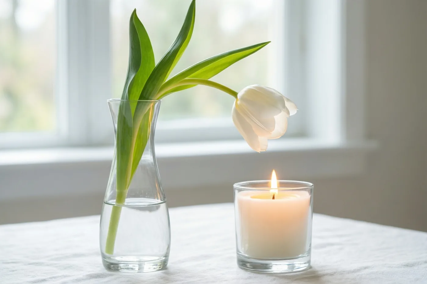 Een witte tulp in een smalle glazen vaas staat naast een brandende witte kaars op een tafel met een wit kleed bij een raam, in zacht daglicht.