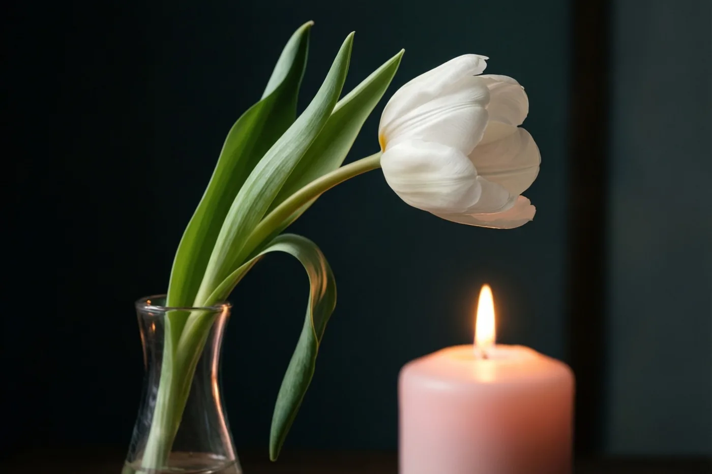 Een licht gebogen witte tulp staat in een smalle glazen vaas naast een brandende roze kaars, tegen een donkere achtergrond.