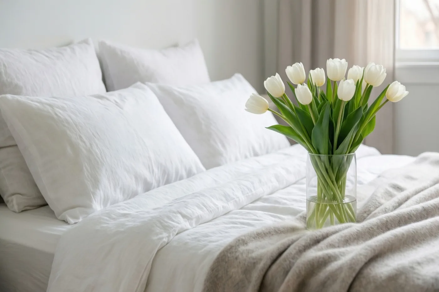 Op een bed met wit linnen beddengoed, kussens en een beige kasjmieren deken staat een heldere glazen vaas met witte tulpen in zacht daglicht.