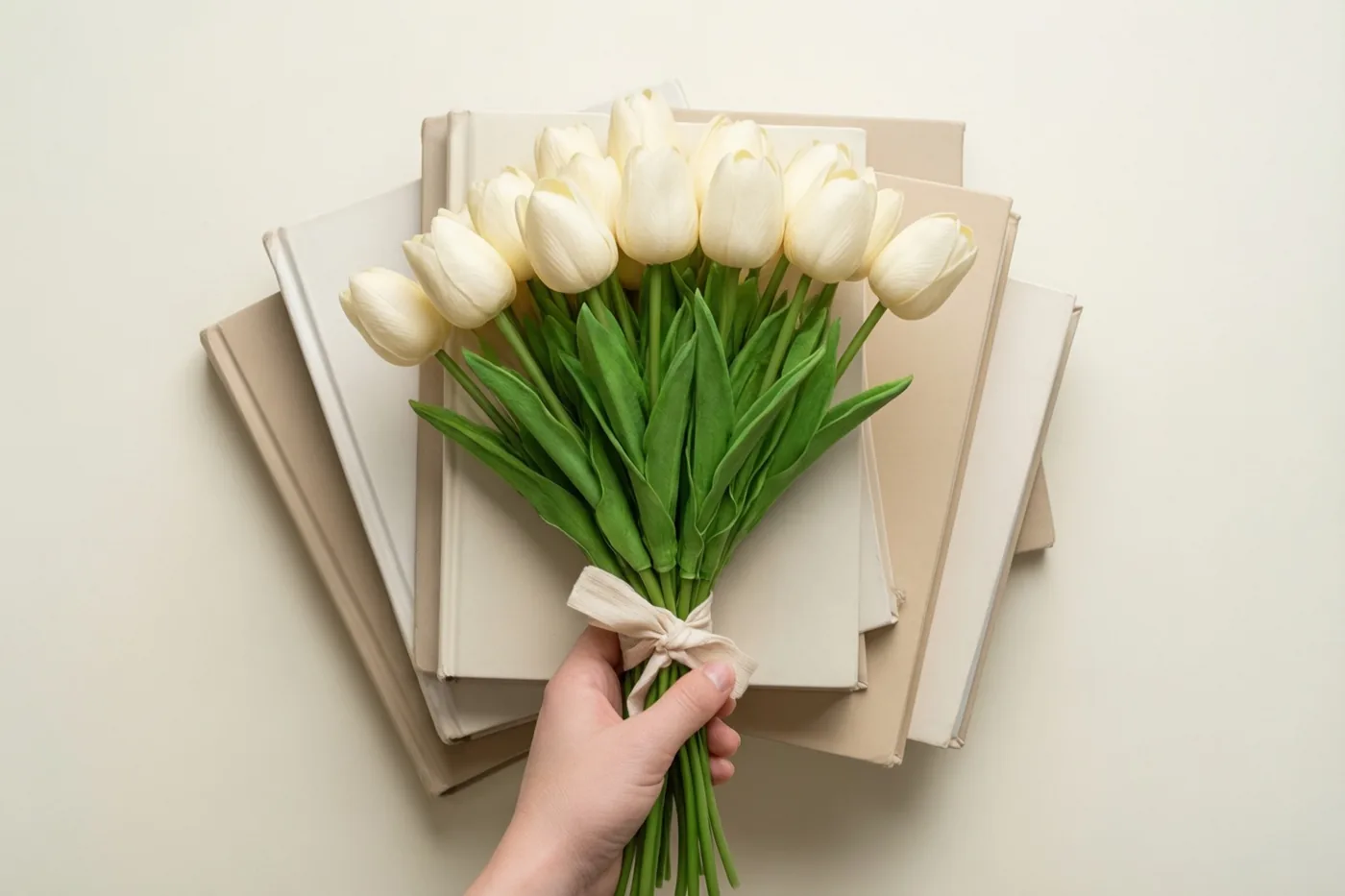 Een hand houdt een boeket witte tulpen met een beige lint vast op een stapel beige en crèmekleurige boeken tegen een gebroken witte achtergrond.