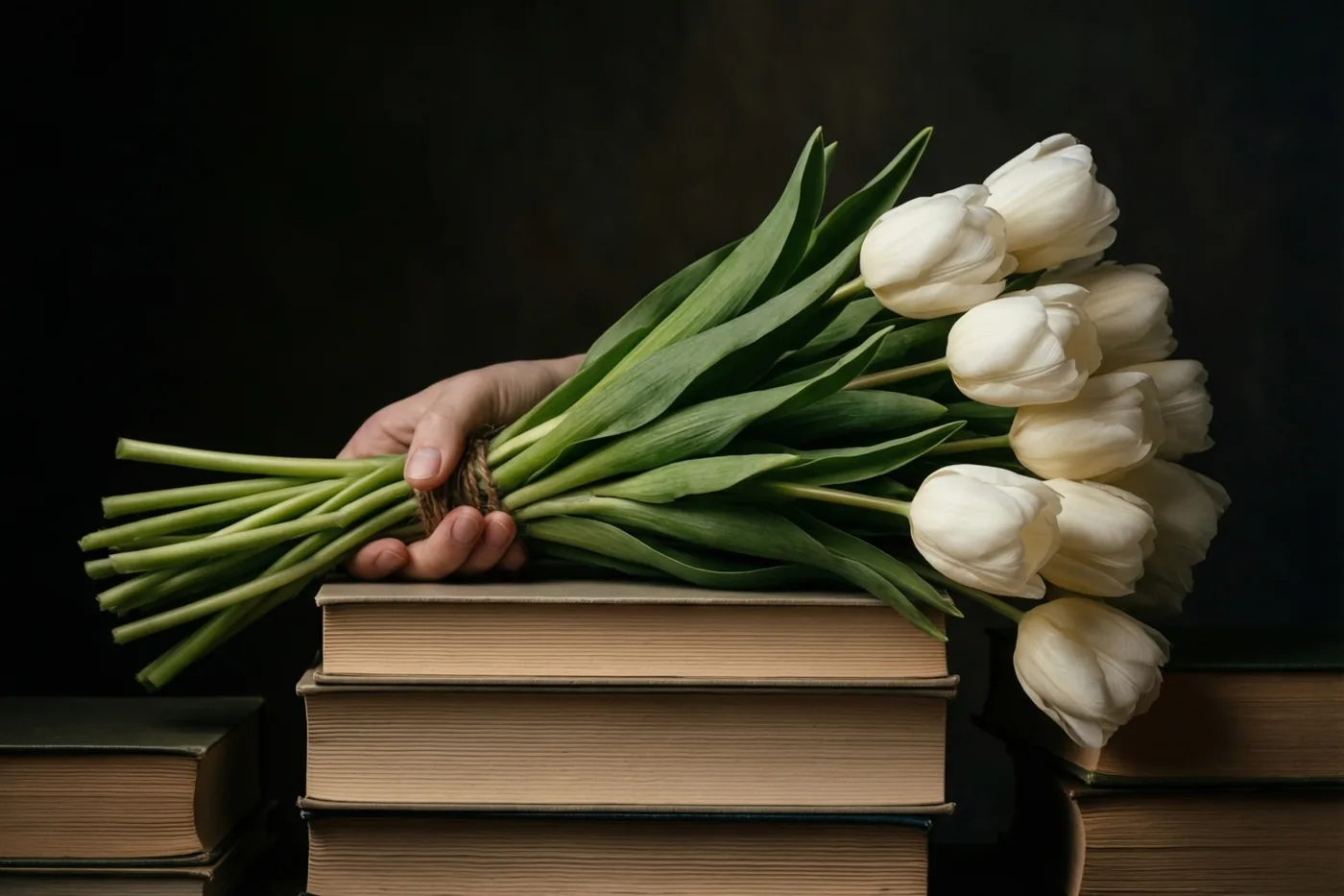 Een samengebonden boeket witte tulpen ligt op een stapel oude boeken tegen een donkere achtergrond.