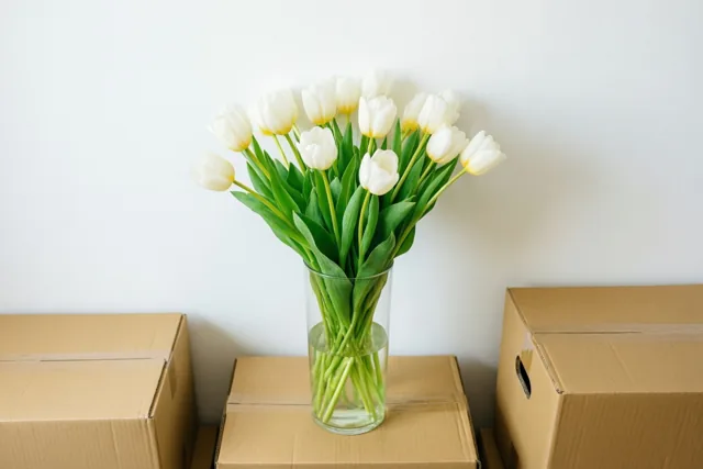 Een glazen vaas met witte tulpen staat op kartonnen verhuisdozen tegen een effen witte muur, in witte, groene en bruine tinten.