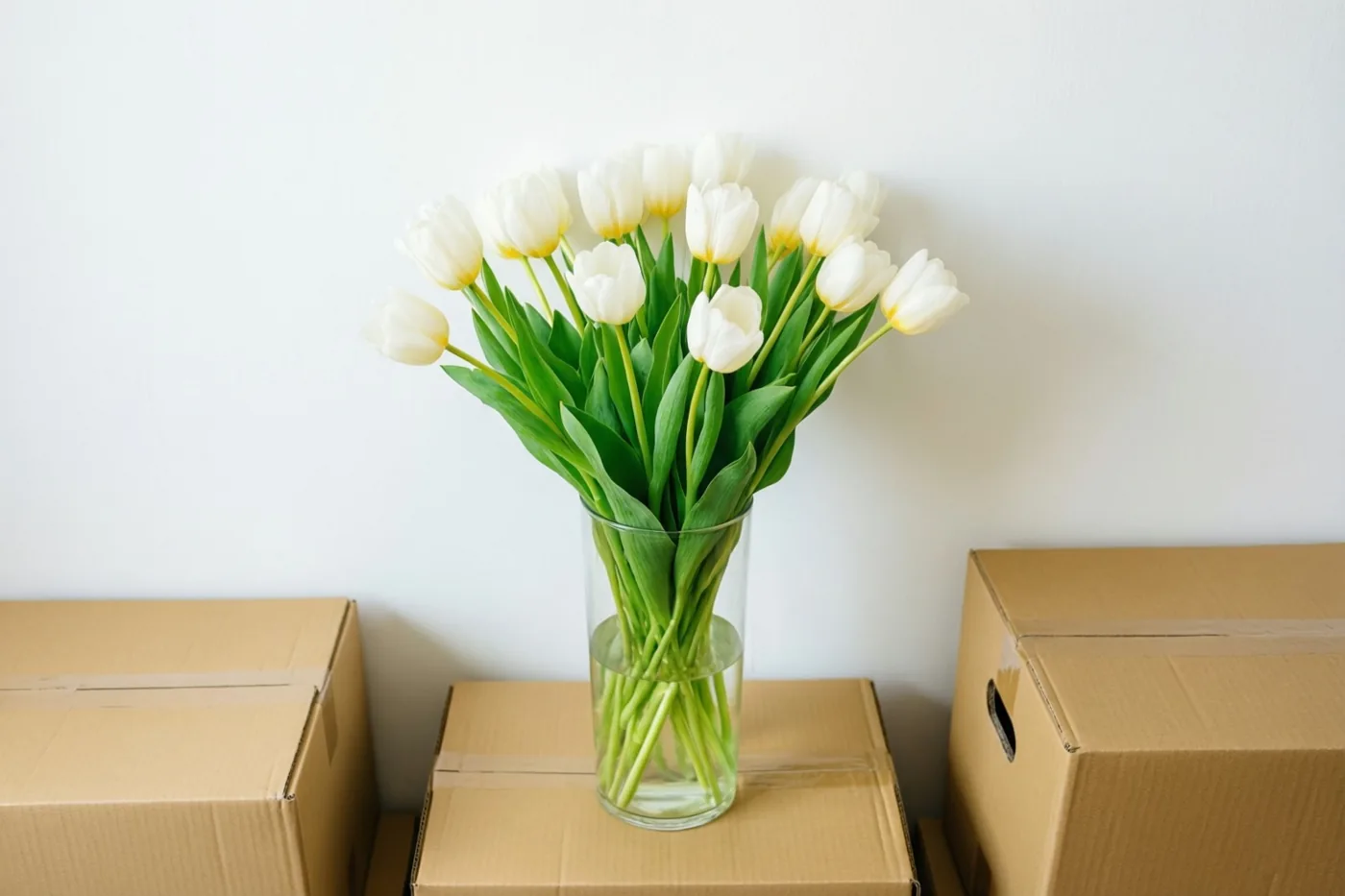Een glazen vaas met witte tulpen staat op kartonnen verhuisdozen tegen een effen witte muur, in witte, groene en bruine tinten.