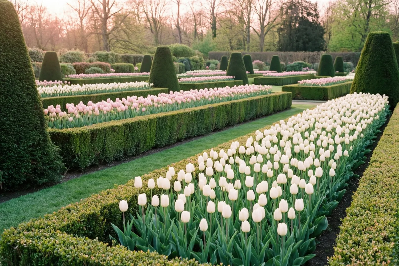 In een formele tuin staan geometrisch gesnoeide buxushagen en rijen bloeiende witte tulpen, met gras en bomen in de verte in zacht warm licht.