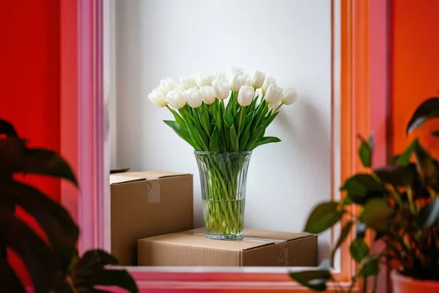 Een glazen vaas met witte tulpen staat op twee gestapelde verhuisdozen tegen een witte muur, met rode en oranje muren eromheen en onscherpe groene planten op de voorgrond.