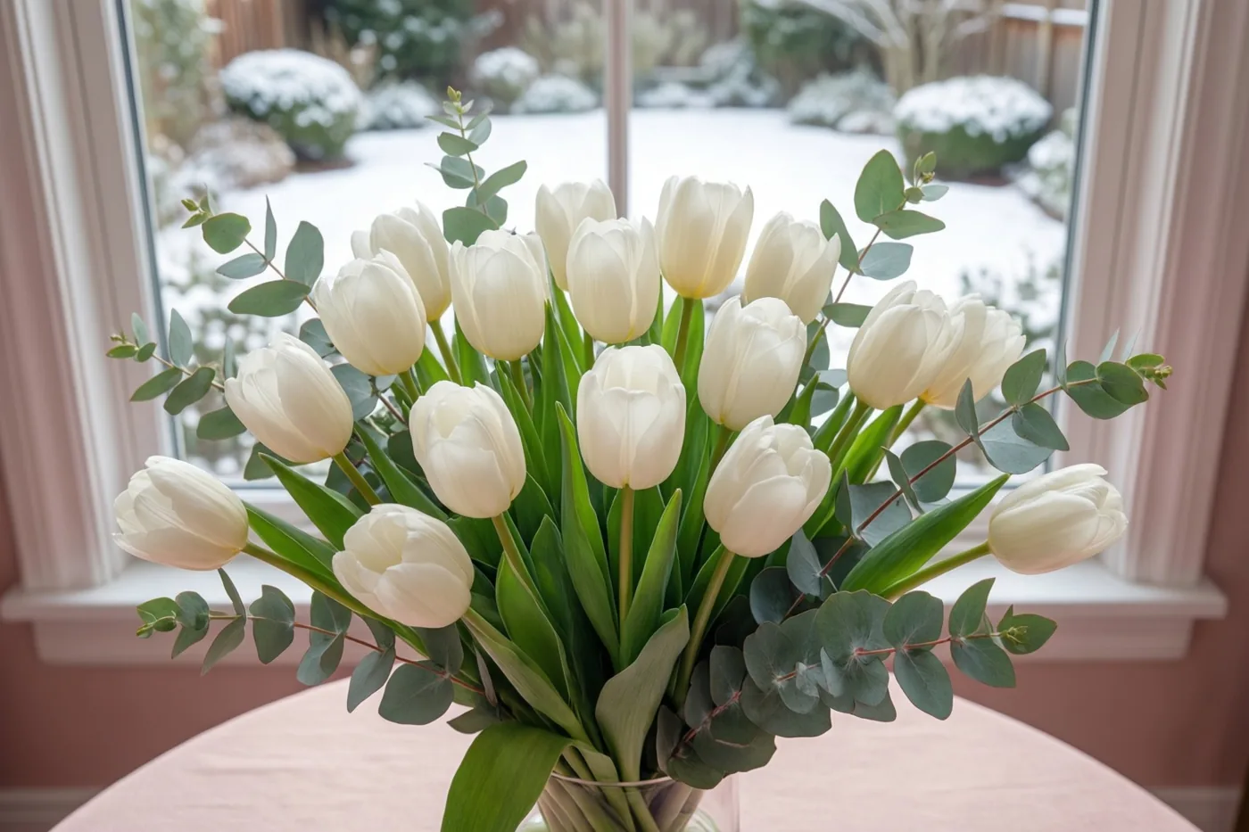 Een boeket witte tulpen en groene eucalyptus staat op een tafel voor een raam met uitzicht op besneeuwde struiken in een tuin.
