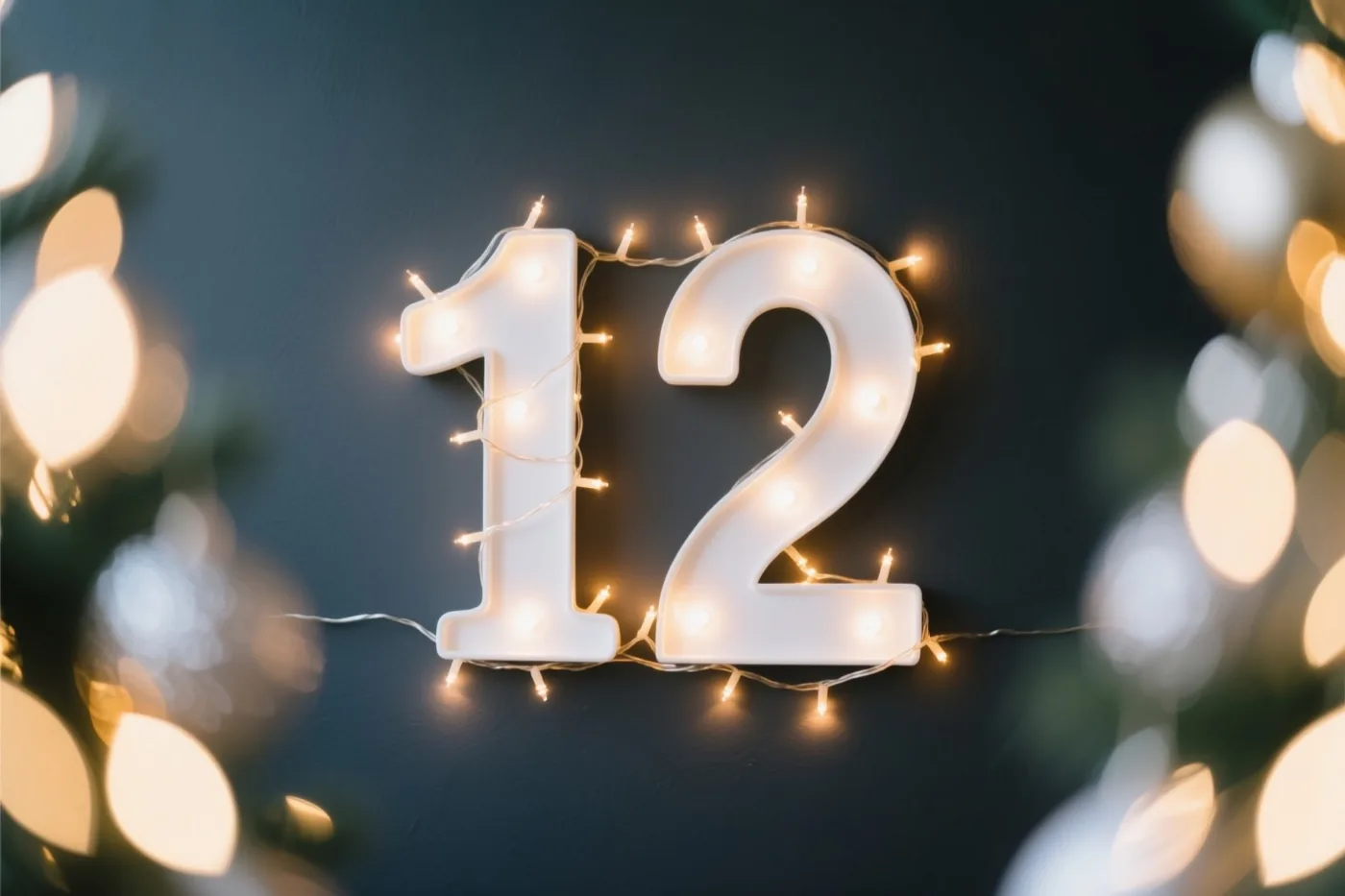 Warme lichtjes zijn om witte uitgesneden cijfers gewikkeld die samen 12 vormen op een donkere muur, omringd door onscherpe feestlichtjes.