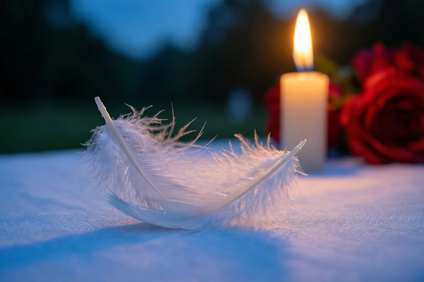 Een witte veer ligt op lichtblauw linnen met een brandende witte kaars op de achtergrond, in warm kaarslicht tegen koele blauwe tinten.