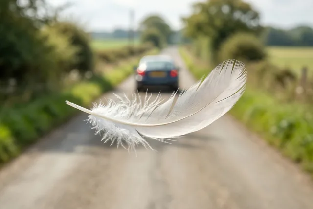 Een witte veer zweeft boven een landweg met groene hagen, terwijl op de onscherpe achtergrond een auto wegrijdt onder een heldere hemel.