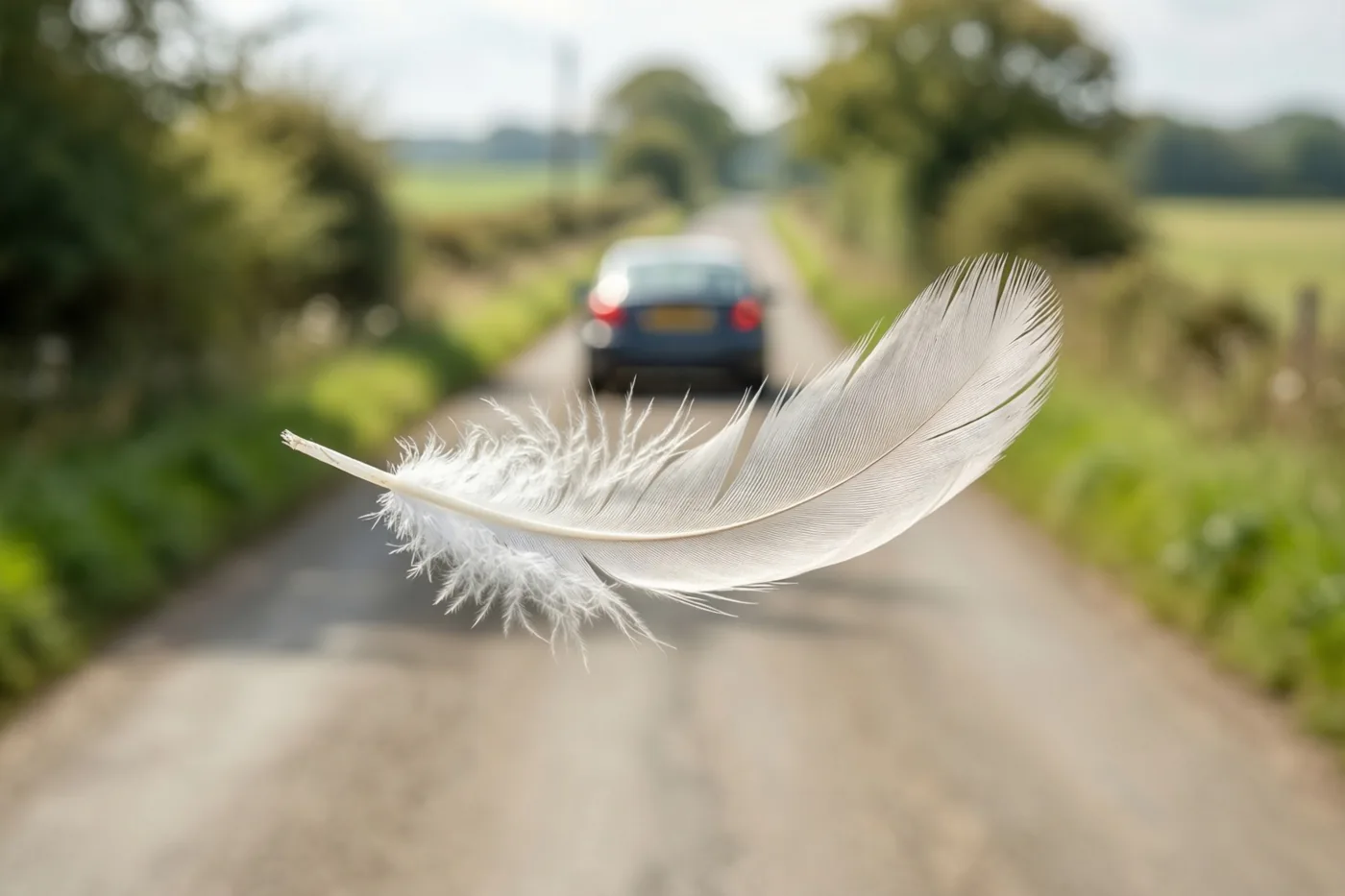 Een witte veer zweeft boven een landweg met groene hagen, terwijl op de onscherpe achtergrond een auto wegrijdt onder een heldere hemel.