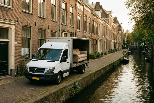 Een witte verhuiswagen met een beige zetel in de open laadruimte staat op een kasseipad langs een kanaal bij oude bakstenen gebouwen in goudkleurig zonlicht.