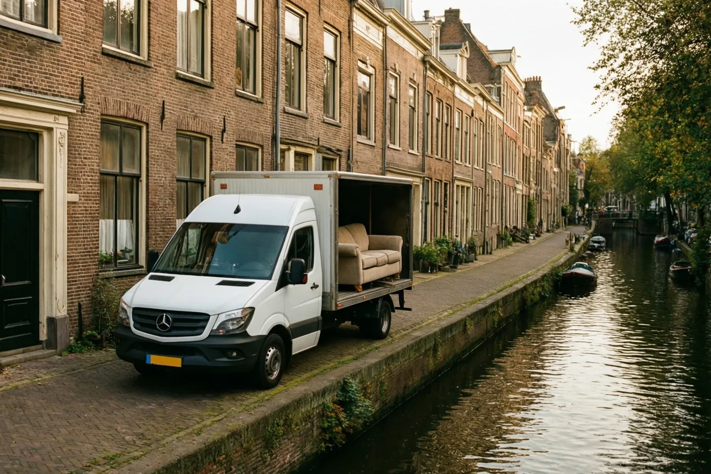 Een witte verhuiswagen met een beige zetel in de open laadruimte staat op een kasseipad langs een kanaal bij oude bakstenen gebouwen in goudkleurig zonlicht.
