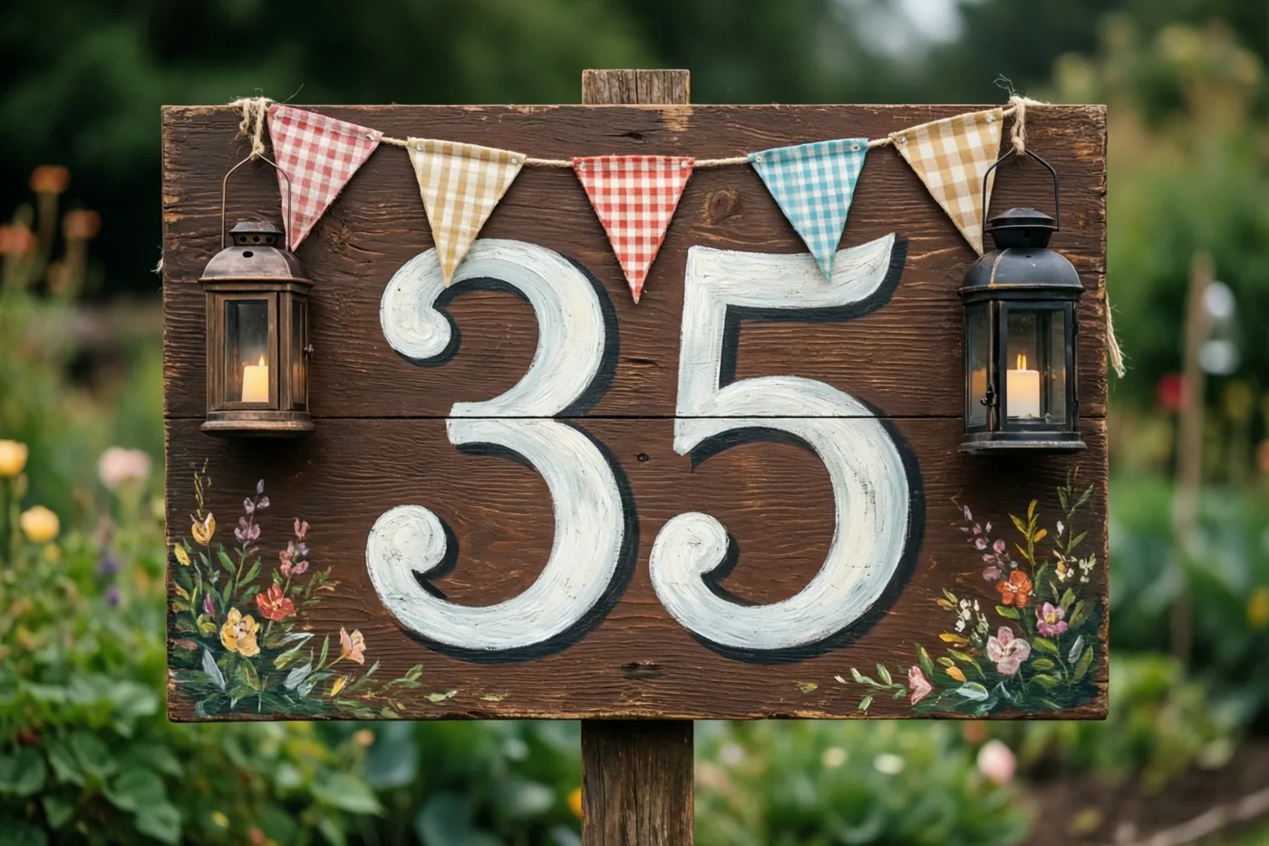 Een rustiek houten bord met 35 in witte verf staat in een tuin, versierd met kleurrijke vlaggetjes en hangende lantaarns met brandende kaarsen.