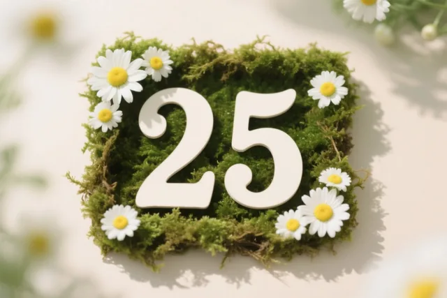 Een wit getal 25 staat op groen mos tussen witte madeliefjes met gele hartjes, tegen een lichte achtergrond met onscherpe bloemen.