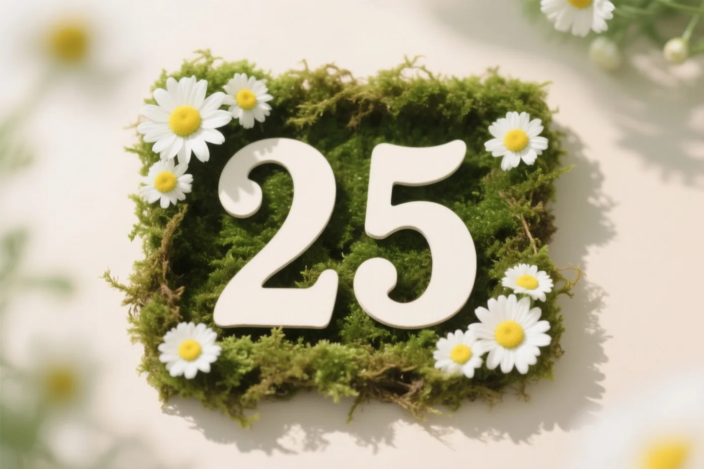 Een wit getal 25 staat op groen mos tussen witte madeliefjes met gele hartjes, tegen een lichte achtergrond met onscherpe bloemen.