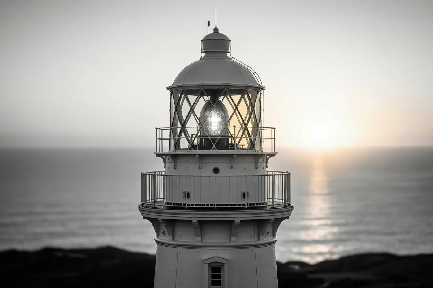 Een witte vuurtoren staat aan de rand van de zee, terwijl het warme licht van de opkomende zon weerspiegelt op het water in een tafereel met gedempte kleuren.