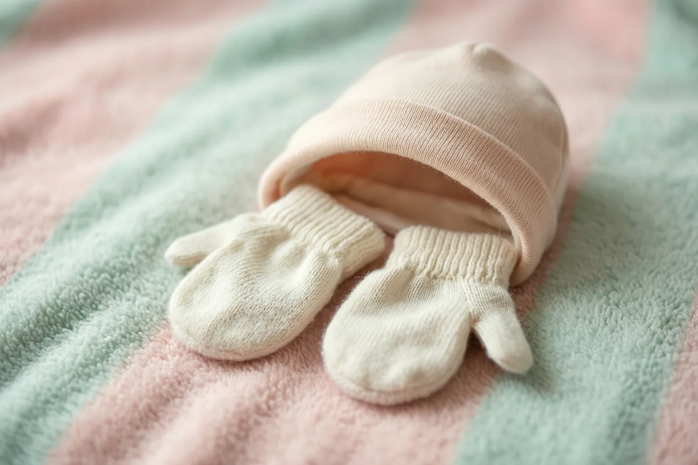 Kleine witte gebreide babywantjes en een zachtroze mutsje liggen op een deken met pastelroze en mintgroene strepen.