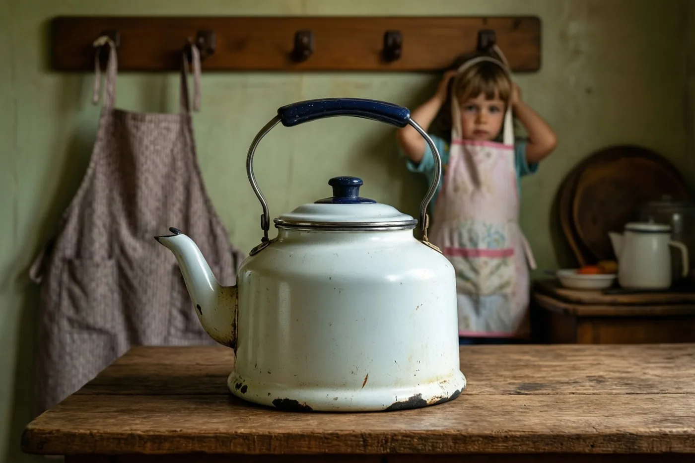 Een witte emaille waterketel met een blauw handvat staat op een houten tafel in een landelijke keuken, met op de achtergrond een kind in een schort met een patroon achter een houten kapstok met twee schorten.