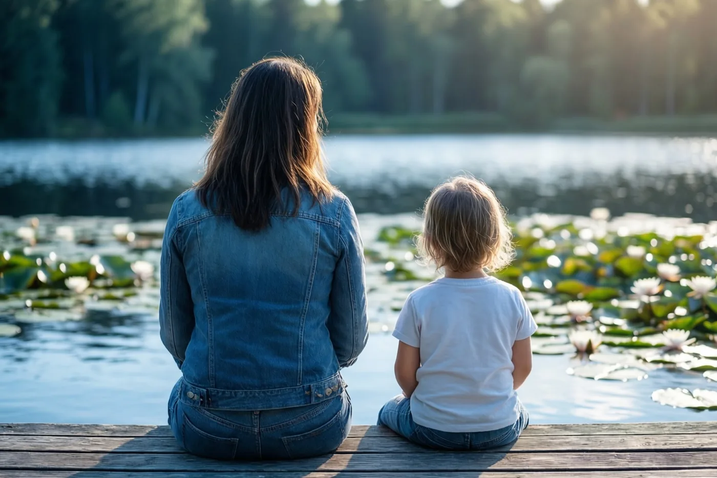 Een moeder en een klein kind zitten van op de rug gezien naast elkaar op een houten steiger aan een rustig meer met witte waterlelies en een beboste oever in warm zonlicht.