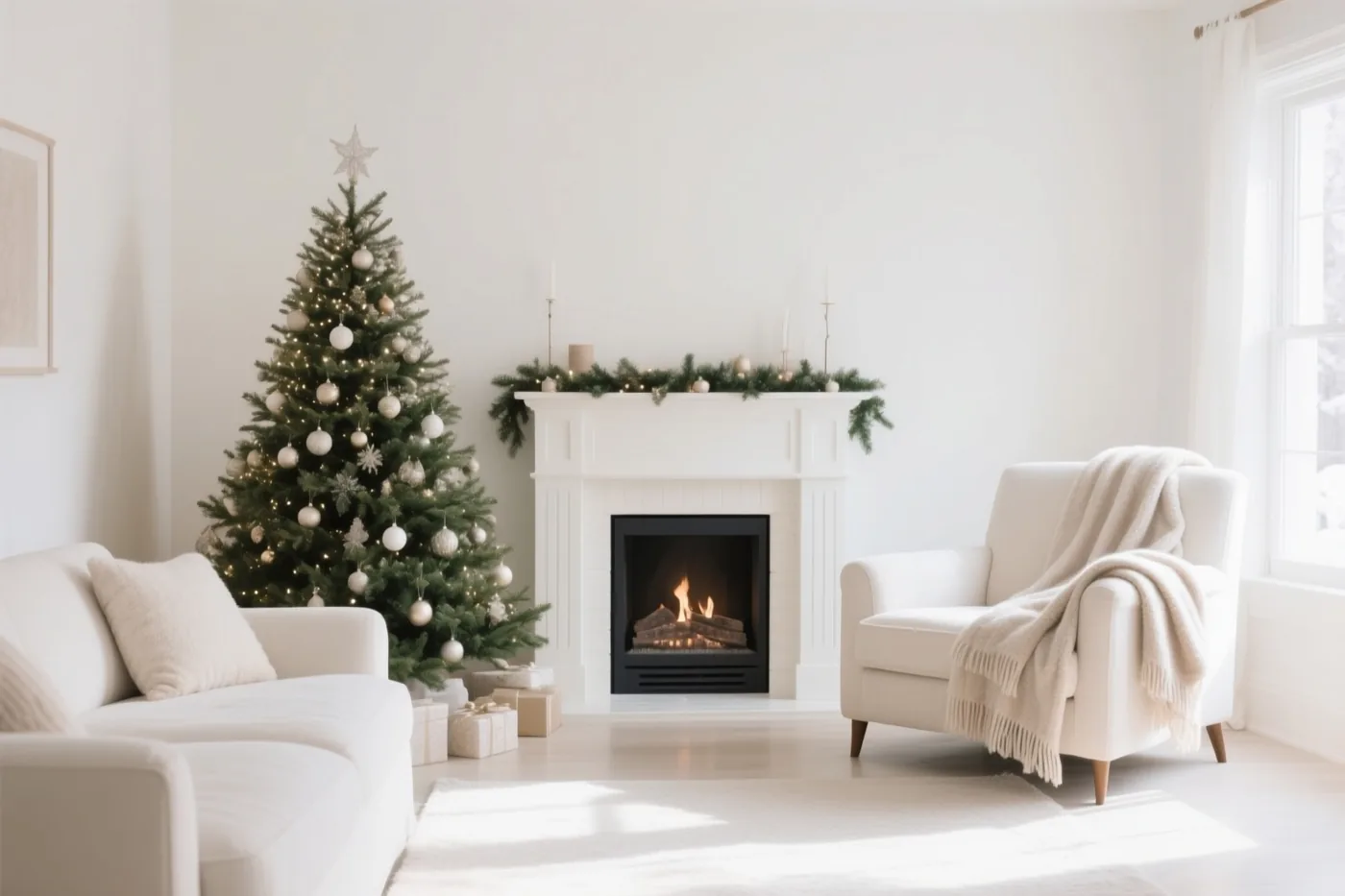 In een lichte minimalistische woonkamer met witte muren en meubels staan een versierde kerstboom, een brandende haard en een witte zetel met een deken.