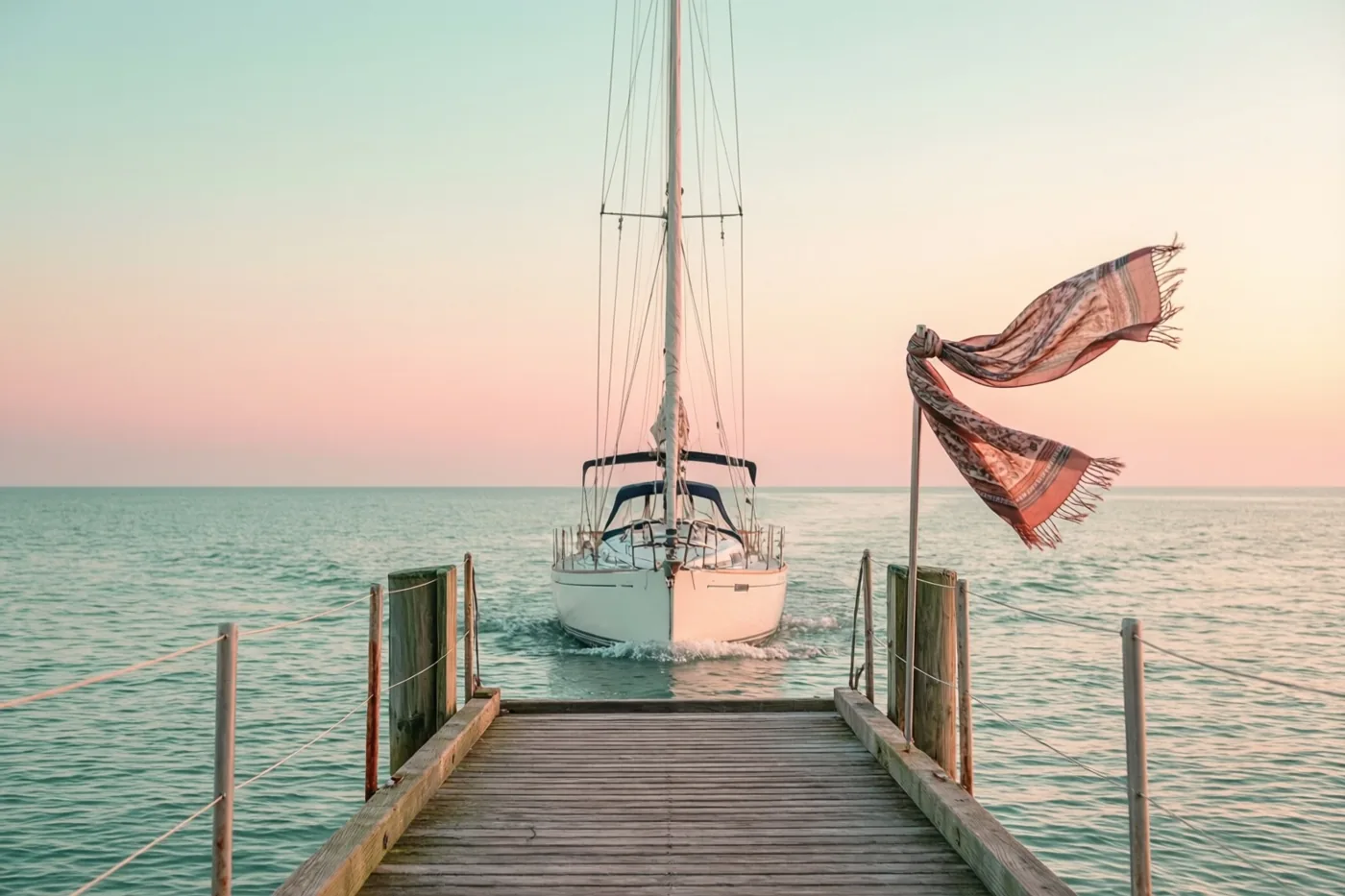 Een witte zeilboot vertrekt bij dageraad vanaf een houten steiger over een kalme zee in zachte roze en blauwgroene tinten.