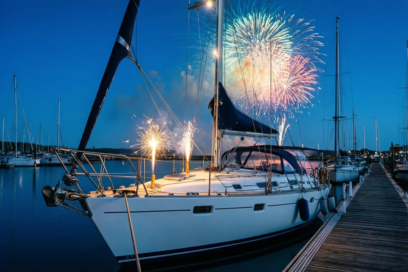 Een witte zeilboot ligt aangemeerd in een haven bij blauwe schemering, met brandende sterretjes op het dek en vuurwerk erboven.