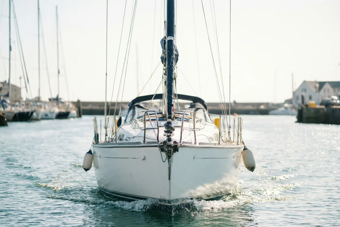 Een witte zeilboot vaart op een zonnige dag weg van een haven en laat een kielzog achter, met boten en gebouwen op de achtergrond.