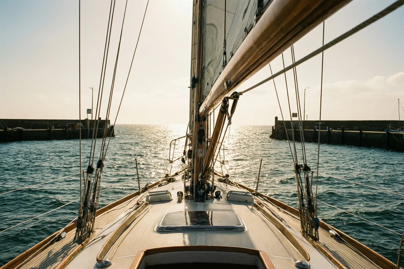 Vanaf de boeg van een zeilboot met witte zeilen is de open zee te zien terwijl de boot de haven verlaat en de zon op het blauwe water weerspiegelt.