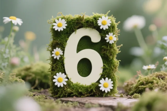 Een witte uitgesneden 6 staat centraal in een vierkante lijst van groen mos met kleine witte madeliefjes, in een rustieke tuin met wazig groen en mos op de grond.
