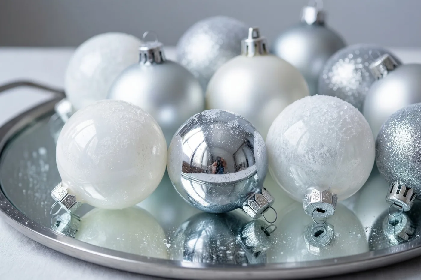 Matte en glanzende witte en zilveren kerstballen liggen op een spiegelend dienblad tegen een neutrale achtergrond.