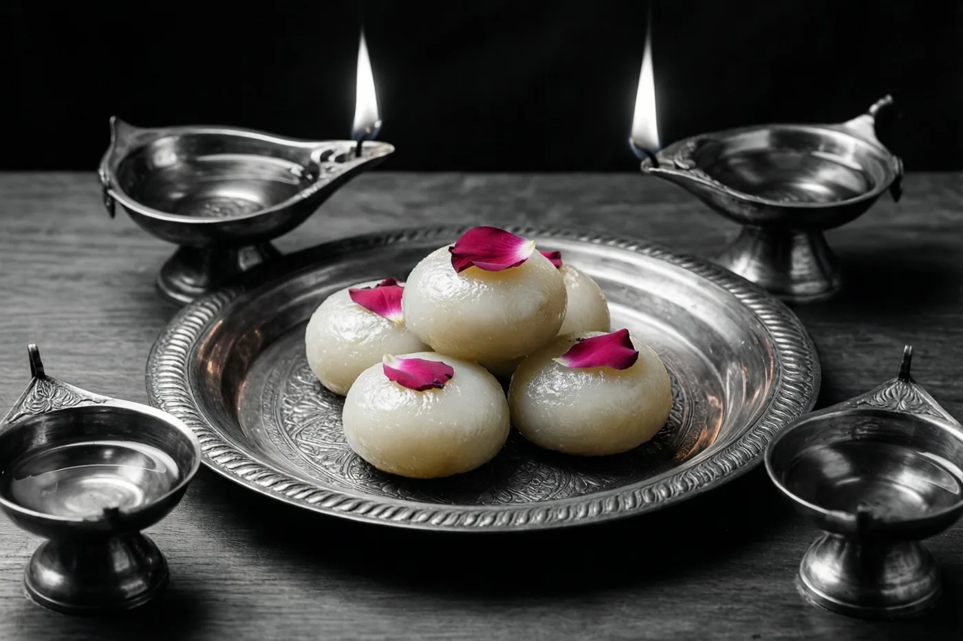 Een zilveren dienblad met ronde witte sandesh en roze rozenblaadjes staat op donker hout tussen vier brandende olielampjes tegen een zwarte achtergrond.