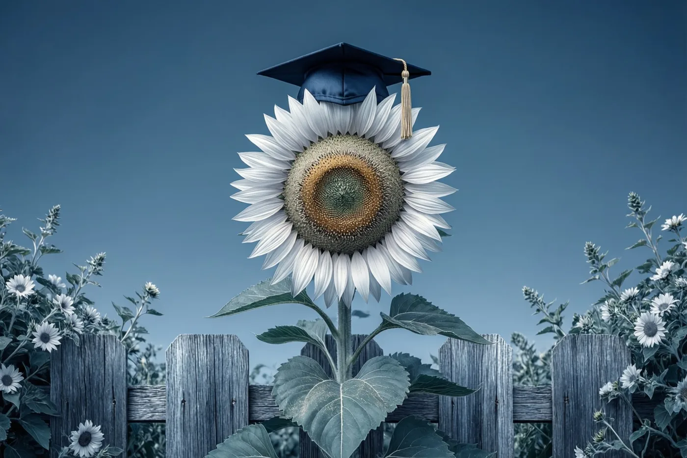 Een grote witte zonnebloem met een afstudeerhoed staat achter een verweerd houten hek, met kleinere witte bloemen onder een helderblauwe hemel.