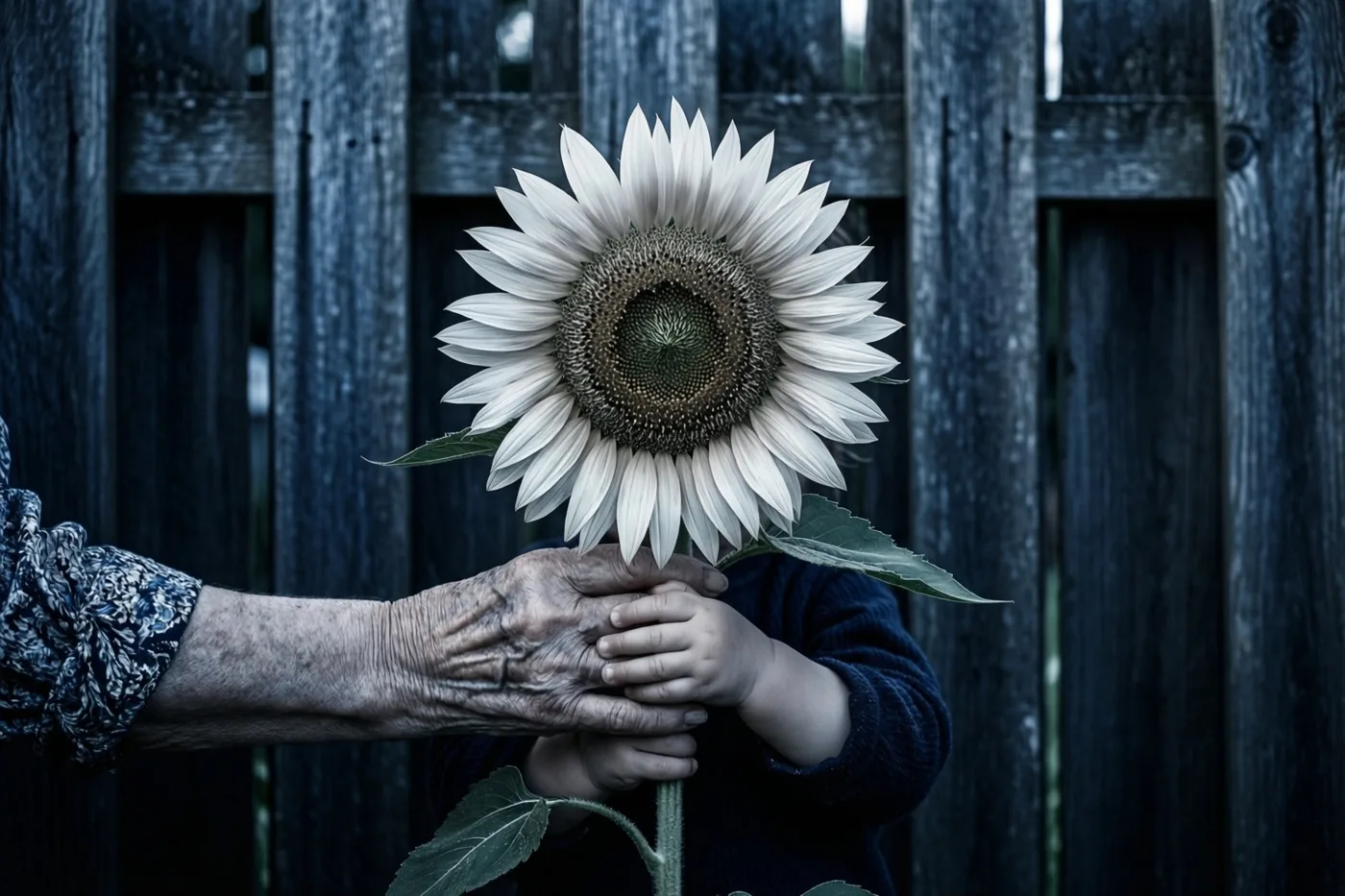 Een oudere hand en een peuterhand houden elkaar en een grote witte zonnebloem vast voor een verweerde houten omheining, in koele blauwe en grijze tinten.