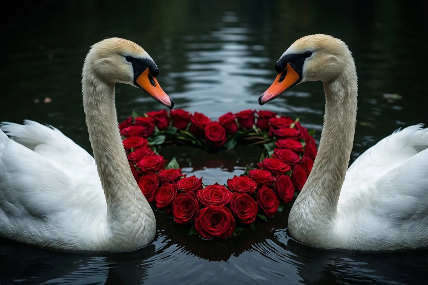 Twee witte zwanen zitten tegenover elkaar op een donkere, stille vijver, met een hartvormige krans van rode rozen tussen hen in.