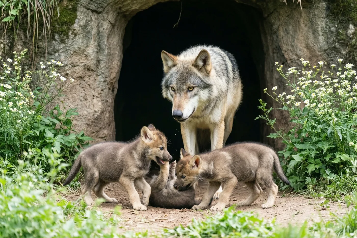 Een grote volwassen wolf staat bij de ingang van een rotsachtig hol en kijkt naar drie stoeiende wolvenwelpen, tussen gras en wilde bloemen in zacht daglicht.