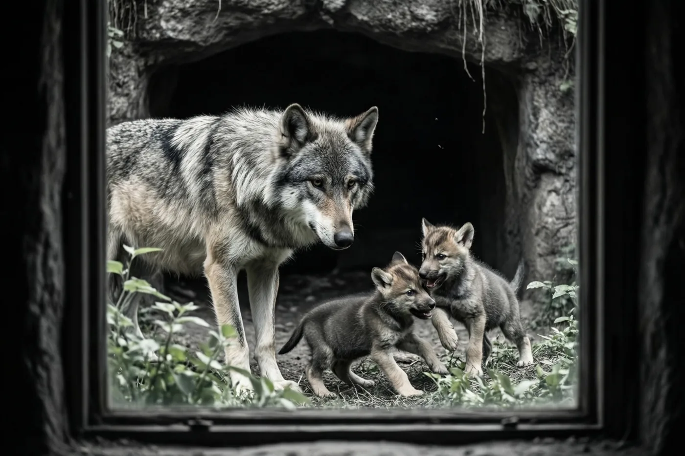 Een grote volwassen wolf waakt bij de ingang van een rotsachtig hol over twee spelende wolvenwelpen, in een beeld met een donkere rand en gedempte aardetinten.