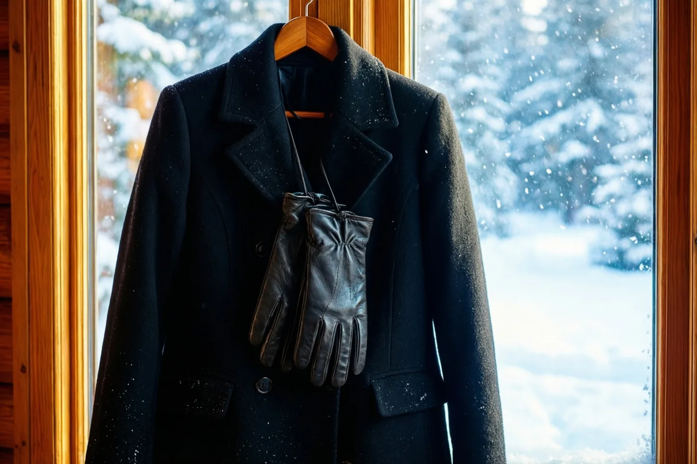 Een zwarte wollen mantel en leren handschoenen hangen aan een houten kleerhanger naast een raam met houten kozijnen, waarachter sneeuw valt en besneeuwde bomen staan.