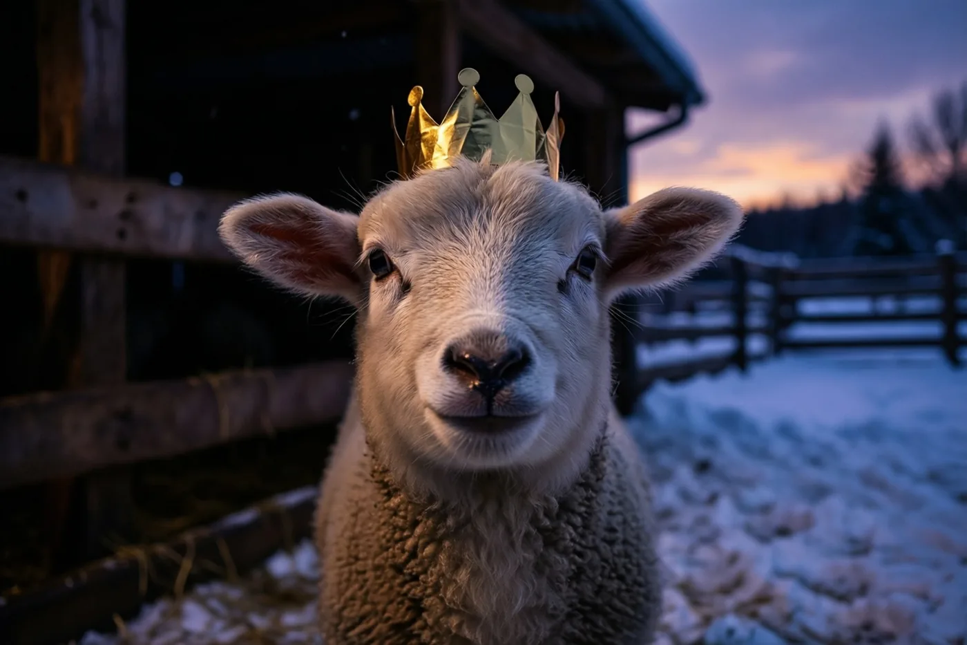 Een wollig wit lammetje met een kleine gouden papieren kroon staat in een besneeuwde stal in paars en oranje schemerlicht.