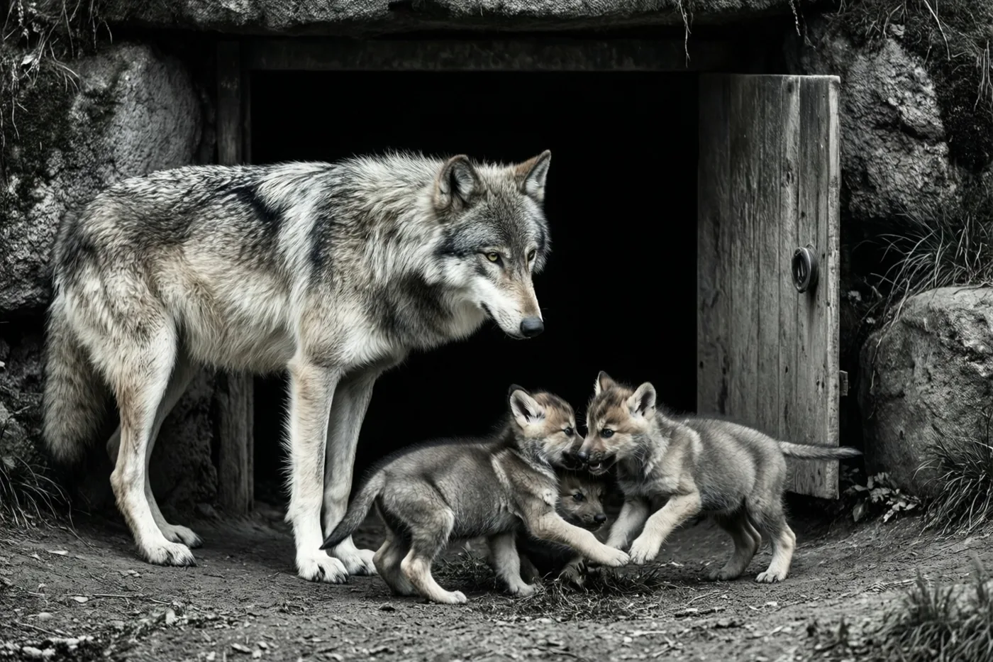 Een monochroom beeld toont een grote volwassen wolf bij de ingang van een rotsachtig hol met drie speelse wolvenwelpen vlakbij.