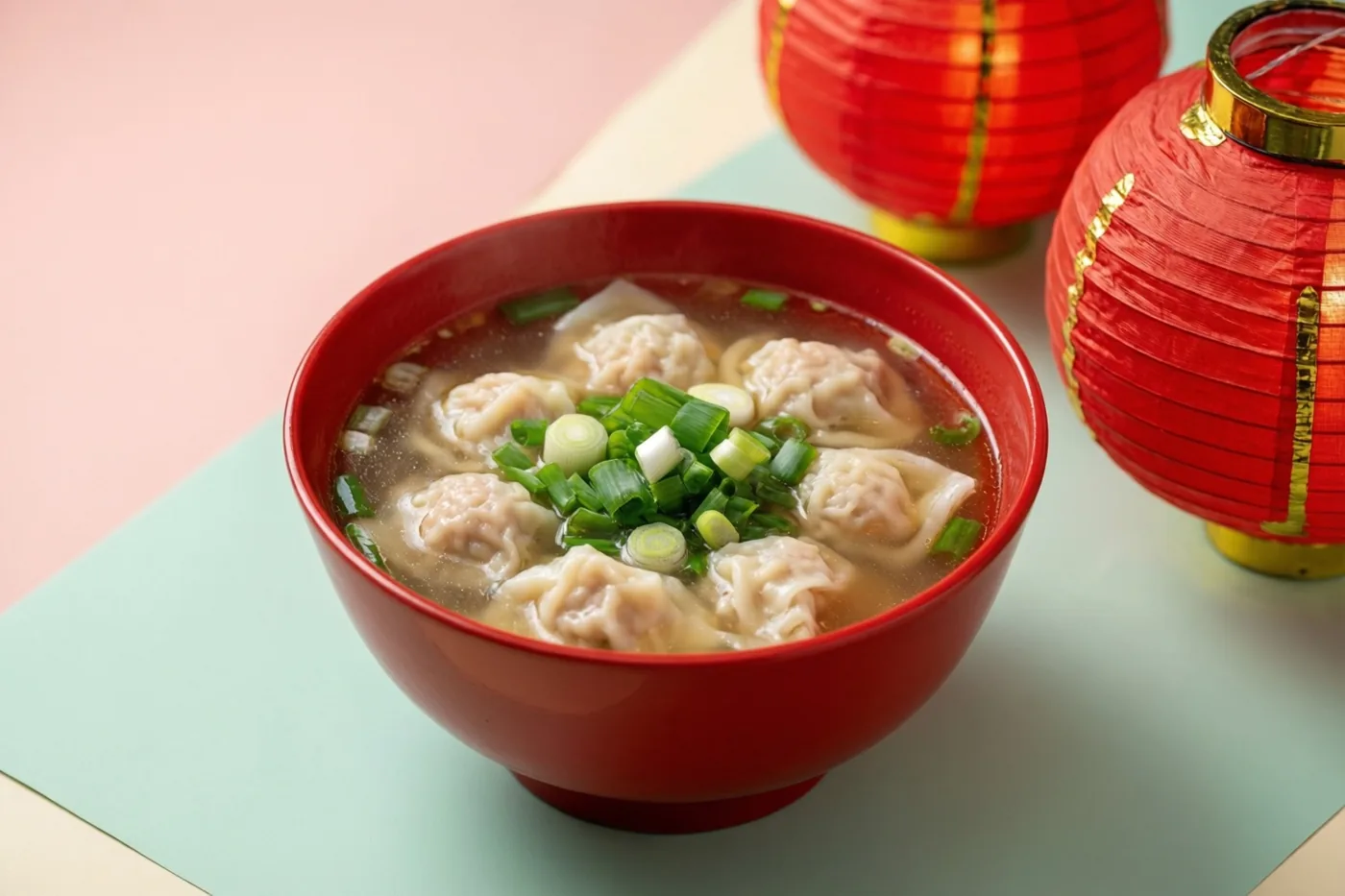 Een rode kom wontonsoep met fijngesneden lente-ui staat op een lichtgroen matje, met twee rode lantaarns tegen een pastelroze en lichtgroene achtergrond.