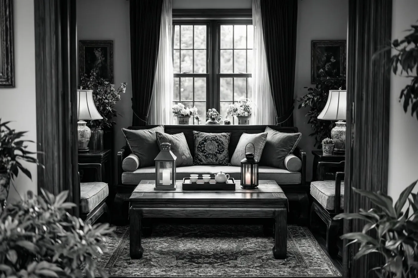 Een zwart-witfoto toont door een deuropening een woonkamer met een zetel, kussens, twee lantaarns en een theeblad op een salontafel, met donkere houten meubels en stoffen met patronen.