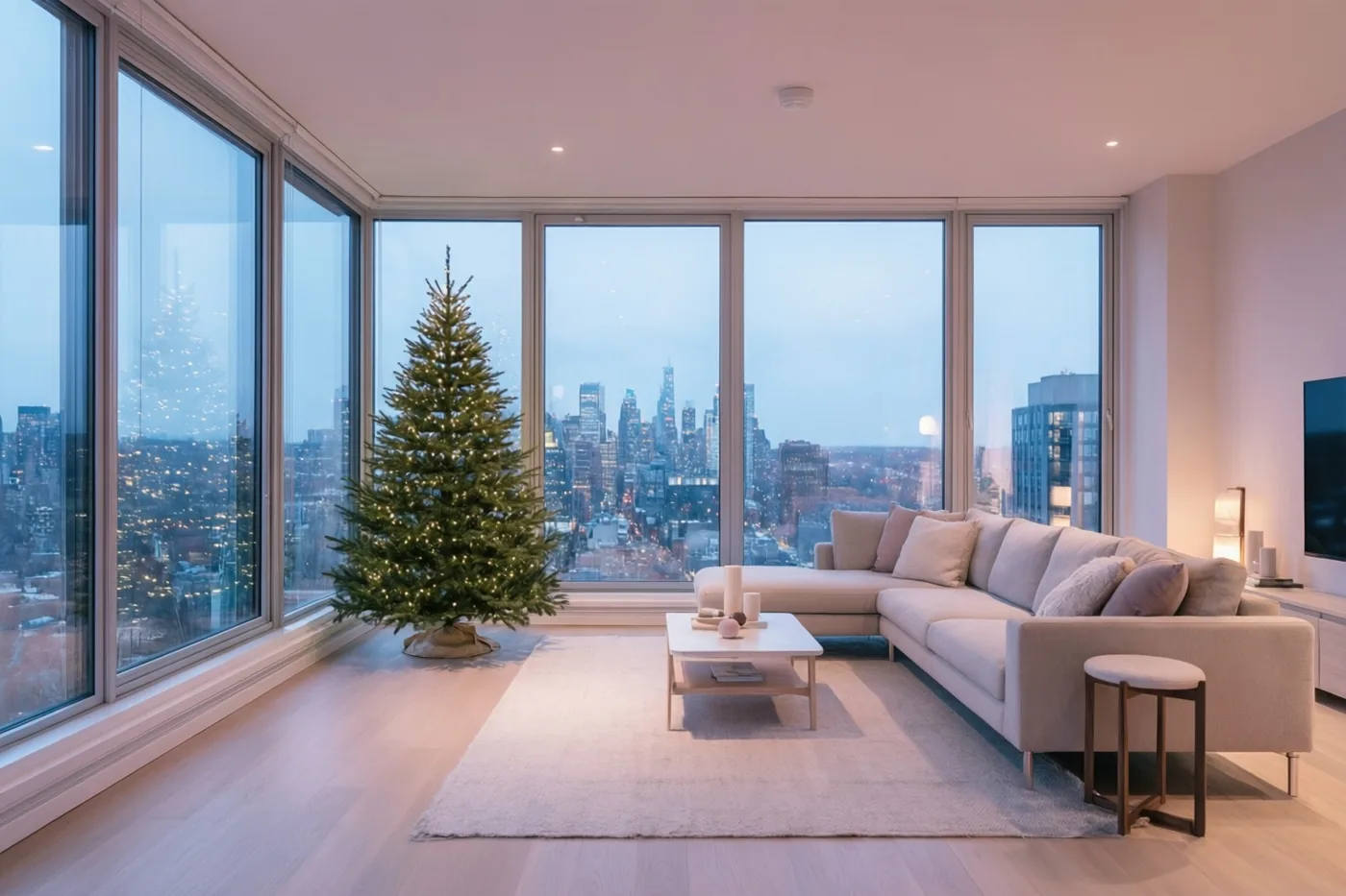 Een moderne woonkamer met een beige hoekzetel, een lichte houten vloer en een smalle kerstboom met lichtjes kijkt door een kamerhoog raam uit op een stad in de schemering.