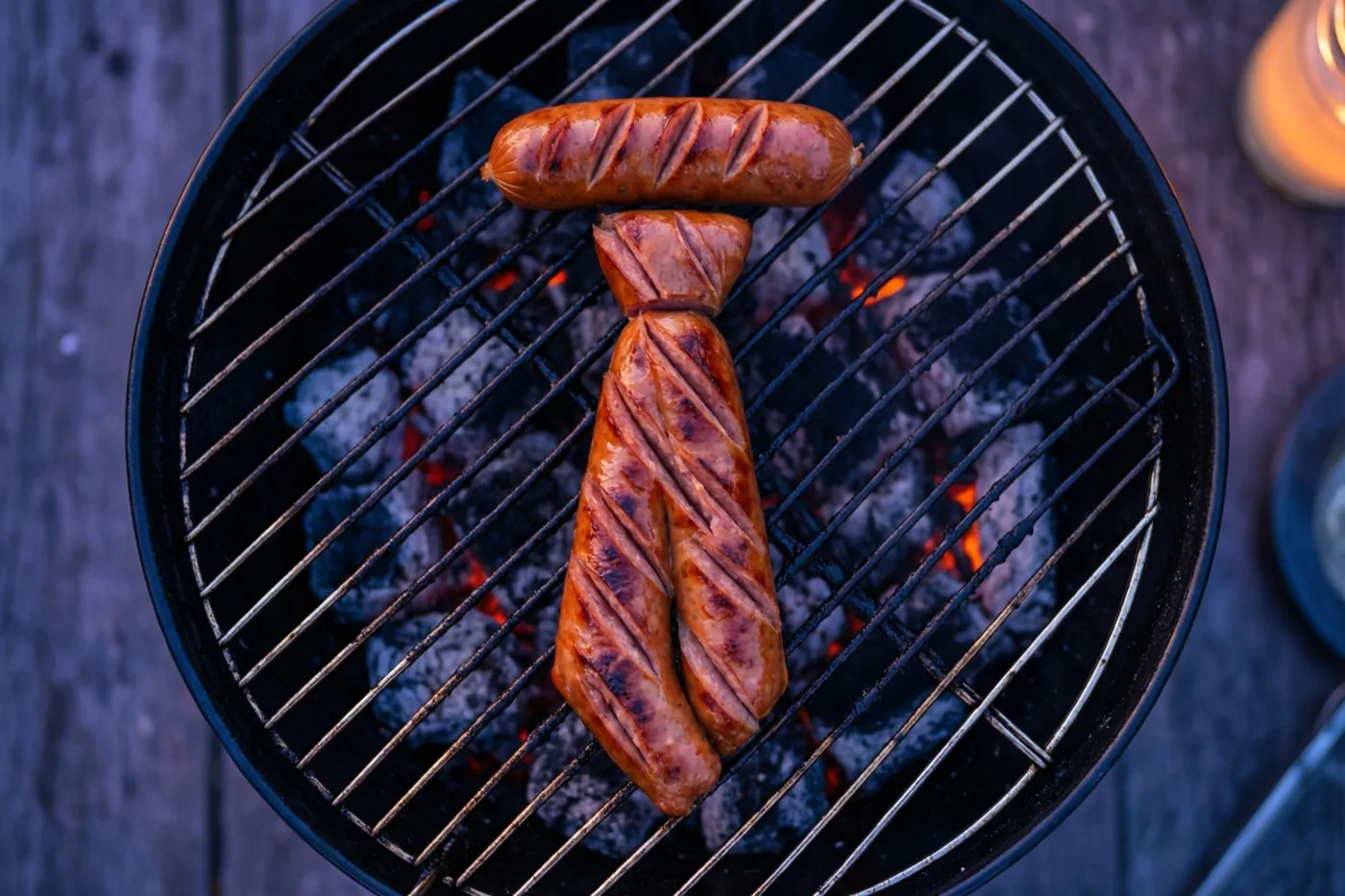 Een worst in de vorm van een das ligt op een barbecuerooster boven gloeiende kolen, met een houten ondergrond in warm licht.