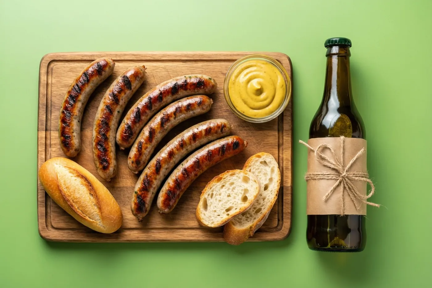 Een houten snijplank met gegrilde worsten, sneetjes brood en een kommetje mosterd staat naast een bruine glazen fles met touw eromheen tegen een groene achtergrond.