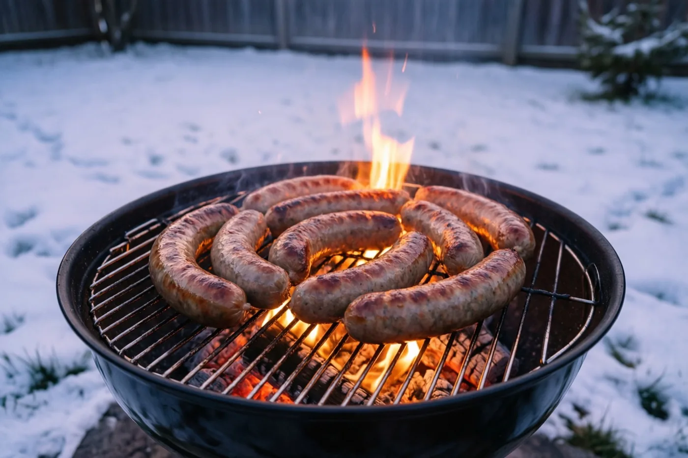 Dikke worsten bakken op een rond rooster boven gloeiende kooltjes in een besneeuwde achtertuin bij schemering.