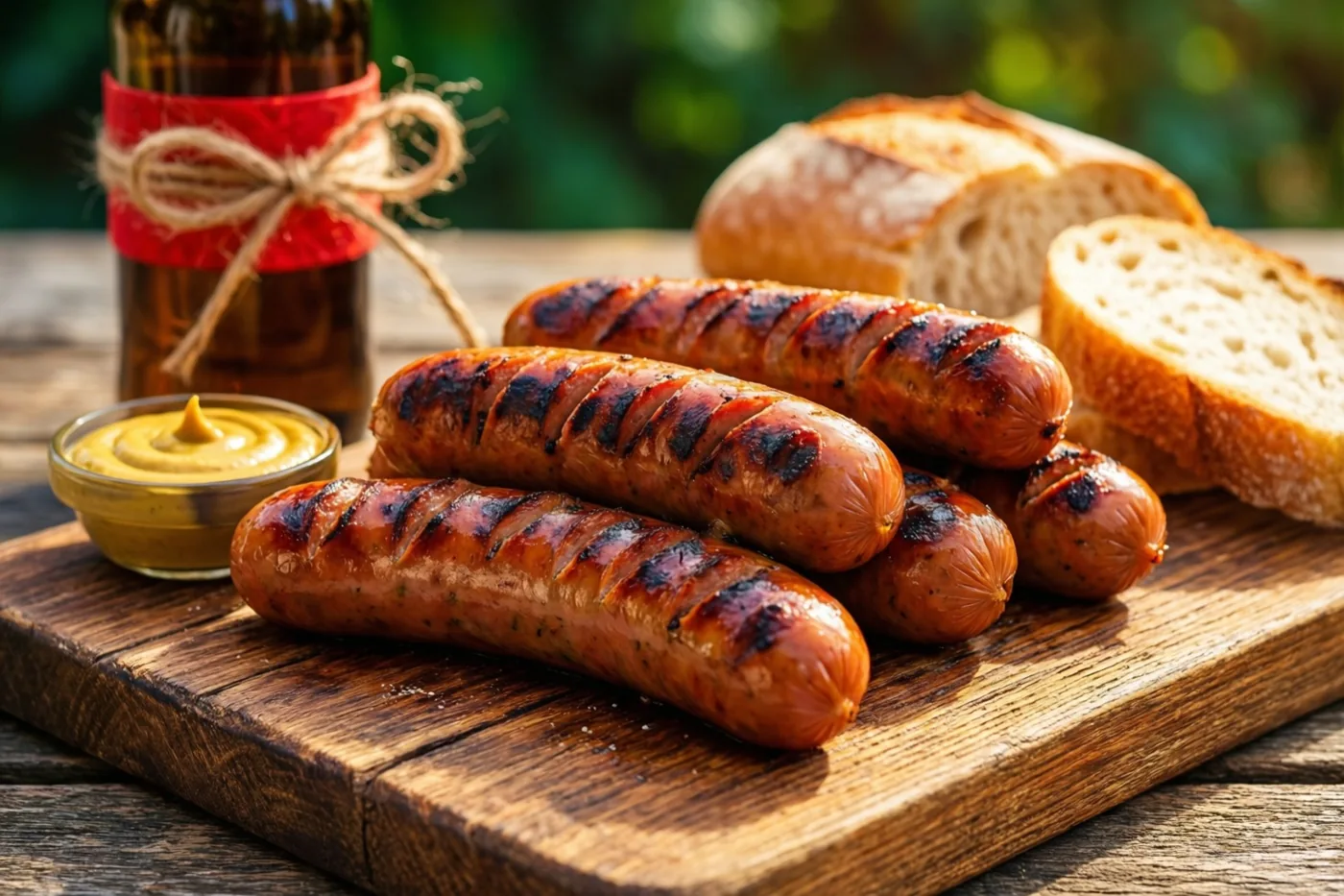 Gegrilde worsten, sneetjes brood en mosterd liggen op een houten plank naast een fles met rood lint en touw, op een houten buitentafel met wazig groen erachter.