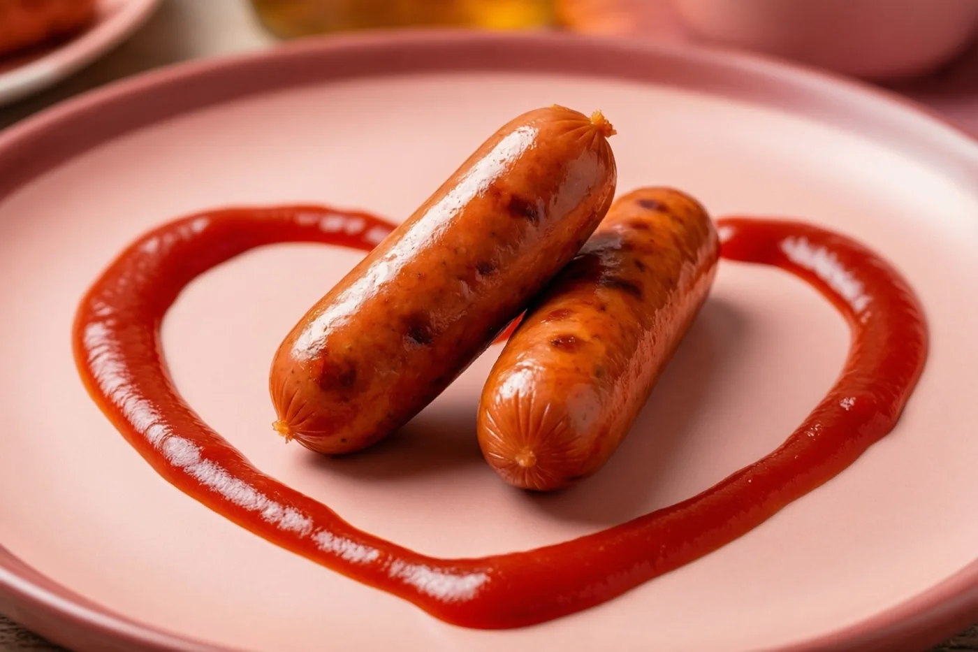 Twee gebakken worstjes leunen tegen elkaar op een roze bord, met eromheen een hartvormige lijn van rode ketchup.
